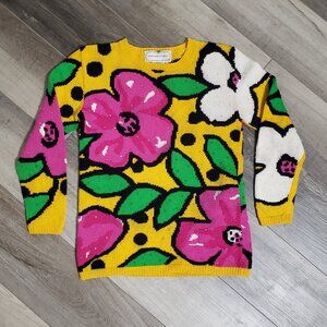 Vintage 80s Adrienne Vittadini Bold Floral Sweater Yellow Pink White Green